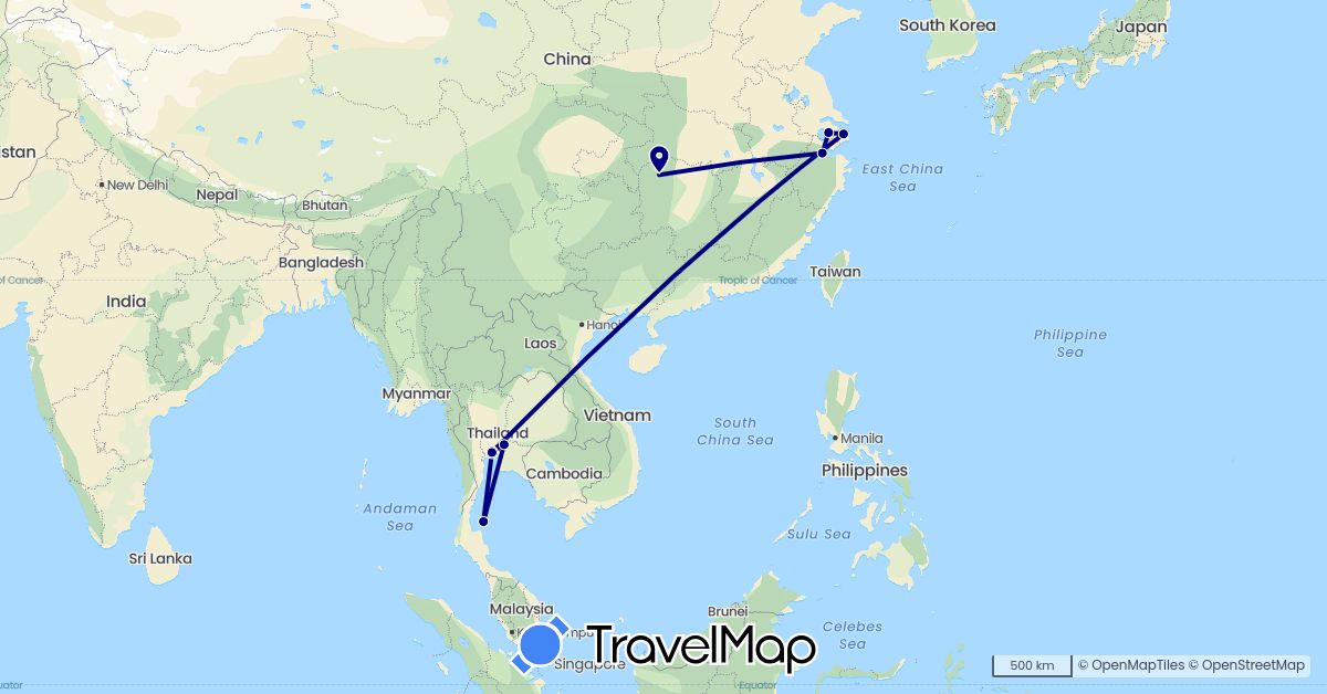 TravelMap itinerary: driving in China, Thailand (Asia)